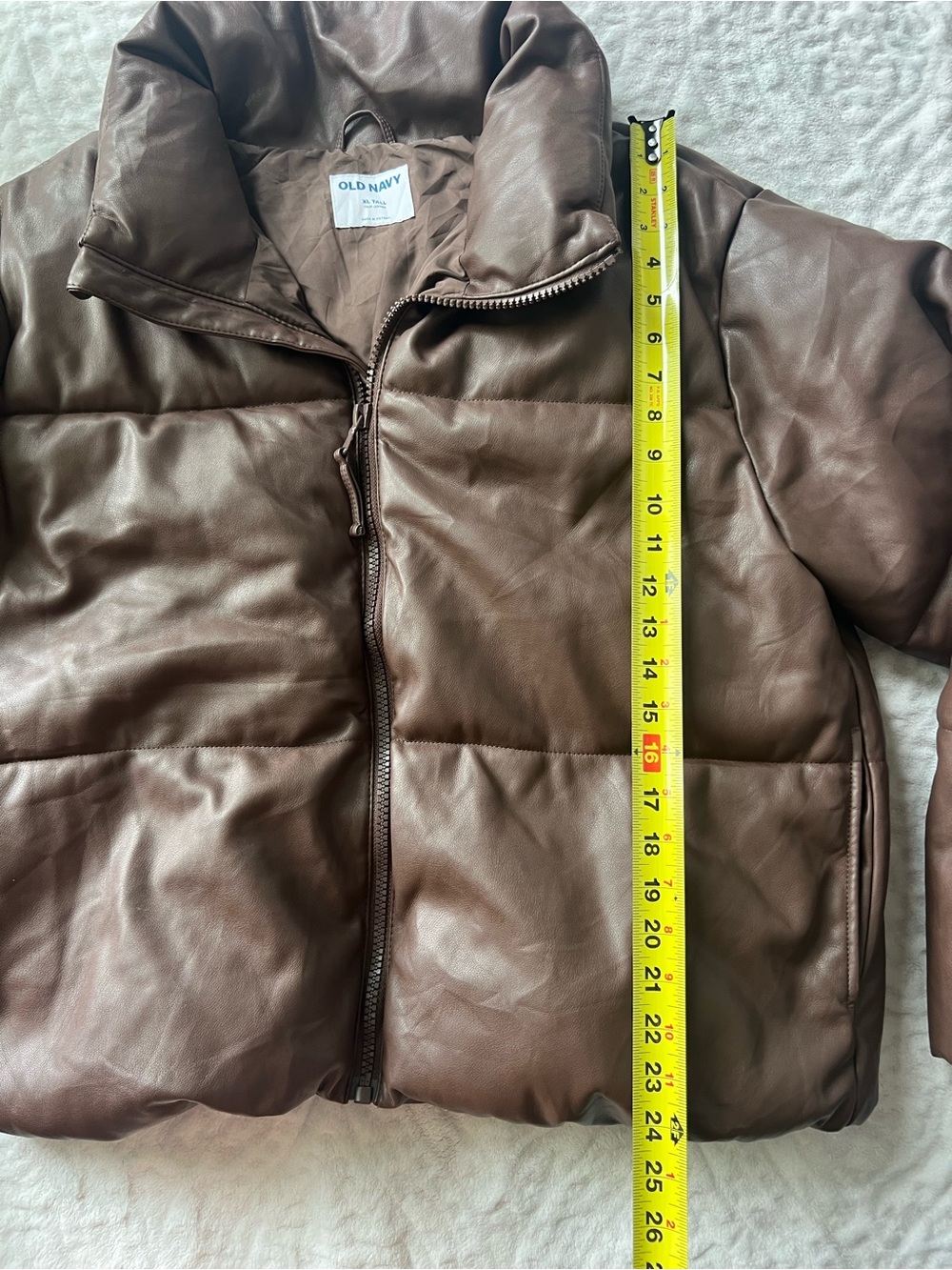 Old Navy Mock Neck Faux Leather Puffer Brown Jacket | Size XL Tall - Picture 6 of 9